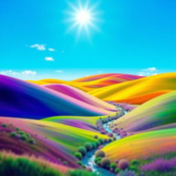 Create a vibrant and colorful image featuring a serene landscape with rolling hills, a clear blue sky, and a bright sun shining