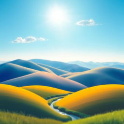 Create a vibrant and colorful image featuring a serene landscape with rolling hills, a clear blue sky, and a bright sun shining