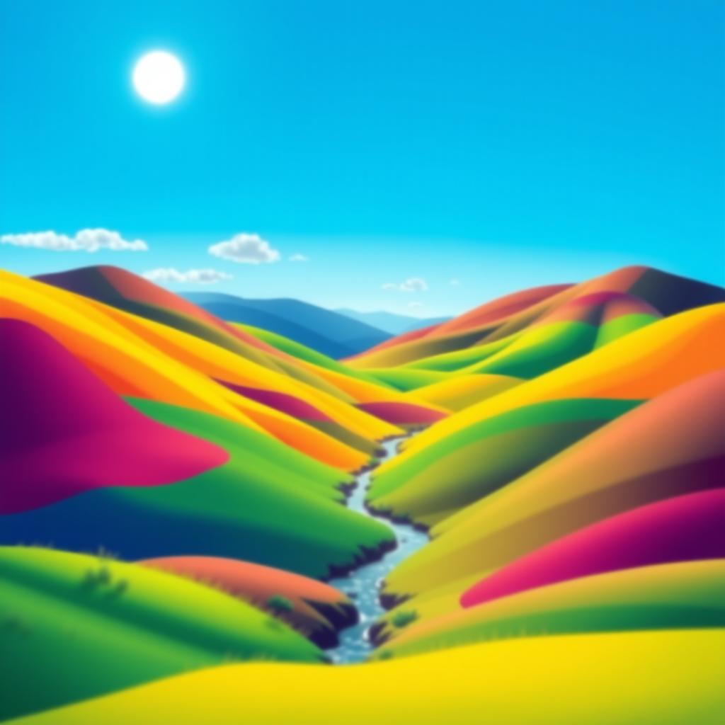 Create a vibrant and colorful image featuring a serene landscape with rolling hills, a clear blue sky, and a bright sun shining