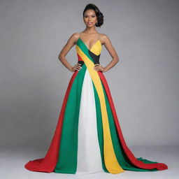 Elegant evening gown designed in the colors of the Guyana flag, with the hues of green, white, gold, black, and red artistically incorporated into the design.