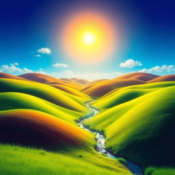 Create a vibrant and colorful image featuring a serene landscape with rolling hills, a clear blue sky, and a bright sun shining