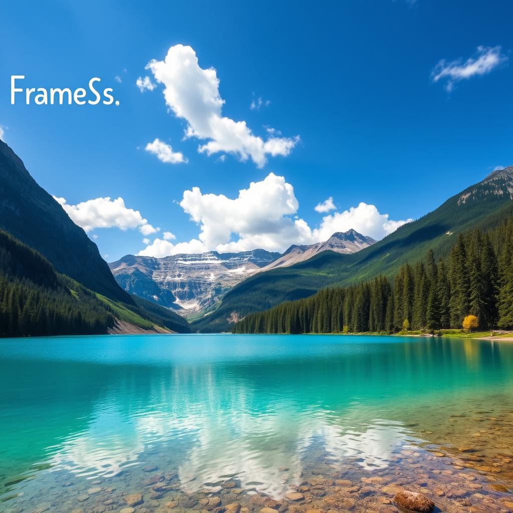 Create an image of a beautiful and serene landscape featuring a clear blue lake surrounded by lush green trees and mountains in the background under a bright blue sky with fluffy white clouds