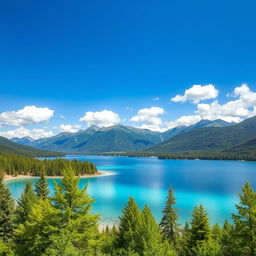 Create an image of a beautiful and serene landscape featuring a clear blue lake surrounded by lush green trees and mountains in the background under a bright blue sky with fluffy white clouds