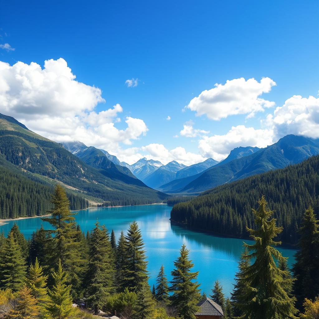 Create an image of a beautiful and serene landscape featuring a clear blue lake surrounded by lush green trees and mountains in the background under a bright blue sky with fluffy white clouds