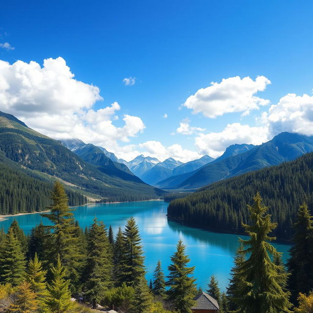 Create an image of a beautiful and serene landscape featuring a clear blue lake surrounded by lush green trees and mountains in the background under a bright blue sky with fluffy white clouds