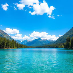 Create an image of a beautiful and serene landscape featuring a clear blue lake surrounded by lush green trees and mountains in the background under a bright blue sky with fluffy white clouds