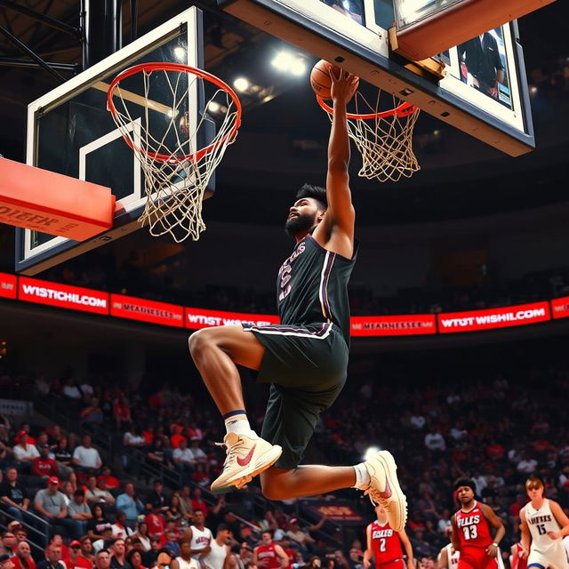 A dynamic and energetic scene featuring a man performing a slam dunk in a basketball game