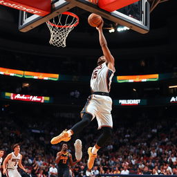 A dynamic and energetic scene featuring a man performing a slam dunk in a basketball game