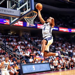 A dynamic and energetic scene featuring a man performing a slam dunk in a basketball game