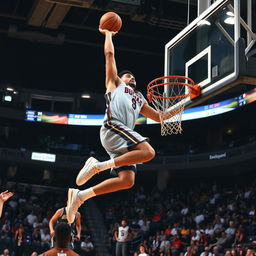 A dynamic and energetic scene featuring a man performing a slam dunk in a basketball game