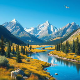 Create a vibrant and colorful image featuring a serene landscape with mountains, a river, and a clear blue sky