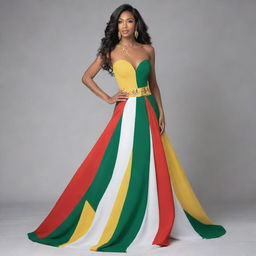 Elegant evening gown designed in the colors of the Guyana flag, with the hues of green, white, gold, black, and red artistically incorporated into the design.