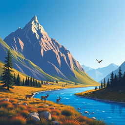 Create a vibrant and colorful image featuring a serene landscape with mountains, a river, and a clear blue sky