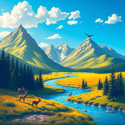 Create a vibrant and colorful image featuring a serene landscape with mountains, a river, and a clear blue sky