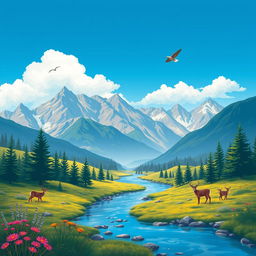 Create a vibrant and colorful image featuring a serene landscape with mountains, a river, and a clear blue sky