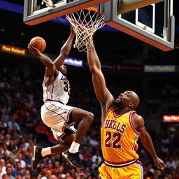 A thrilling and iconic basketball scene featuring Vince Carter dunking over Shaquille O'Neal