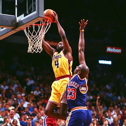 A thrilling and iconic basketball scene featuring Vince Carter dunking over Shaquille O'Neal