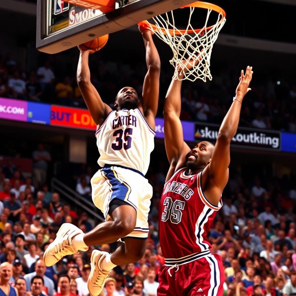 A thrilling and iconic basketball scene featuring Vince Carter dunking over Shaquille O'Neal