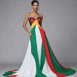 Elegant evening gown designed in the colors of the Guyana flag, with the hues of green, white, gold, black, and red artistically incorporated into the design.