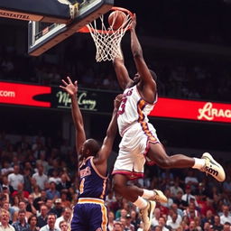 A thrilling and iconic basketball scene featuring Vince Carter dunking over Shaquille O'Neal