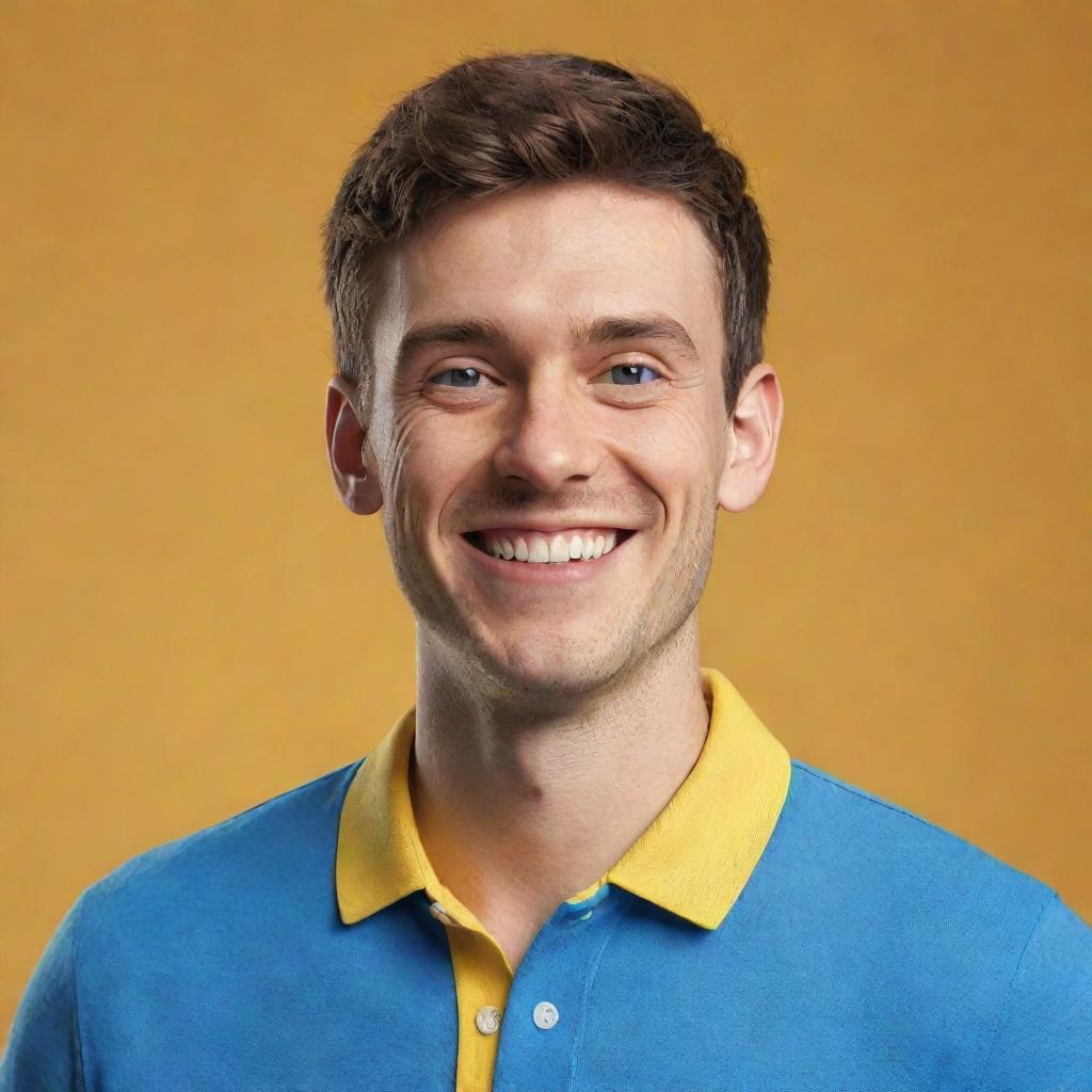 3D render of a cheerful young man in a blue polo shirt, in Pixar-like cartoon style, standing against a bright yellow background. The man is smiling confidently at the camera.