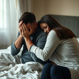 A mournful, forlorn, desperate man is sitting on a bed, holding his face in his hands