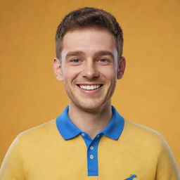 3D render of a cheerful young man in a blue polo shirt, in Pixar-like cartoon style, standing against a bright yellow background. The man is smiling confidently at the camera.