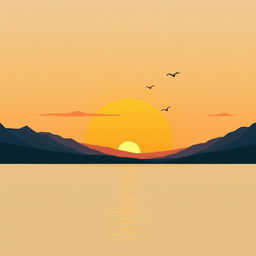 A serene landscape featuring a beautiful sunset over a calm lake, with mountains in the background and a few birds flying in the sky