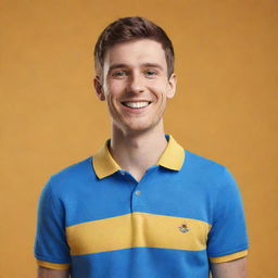 3D render of a cheerful young man in a blue polo shirt, in Pixar-like cartoon style, standing against a bright yellow background. The man is smiling confidently at the camera.