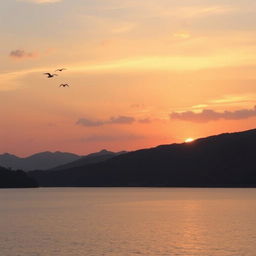 A serene landscape featuring a beautiful sunset over a calm lake, with mountains in the background and a few birds flying in the sky