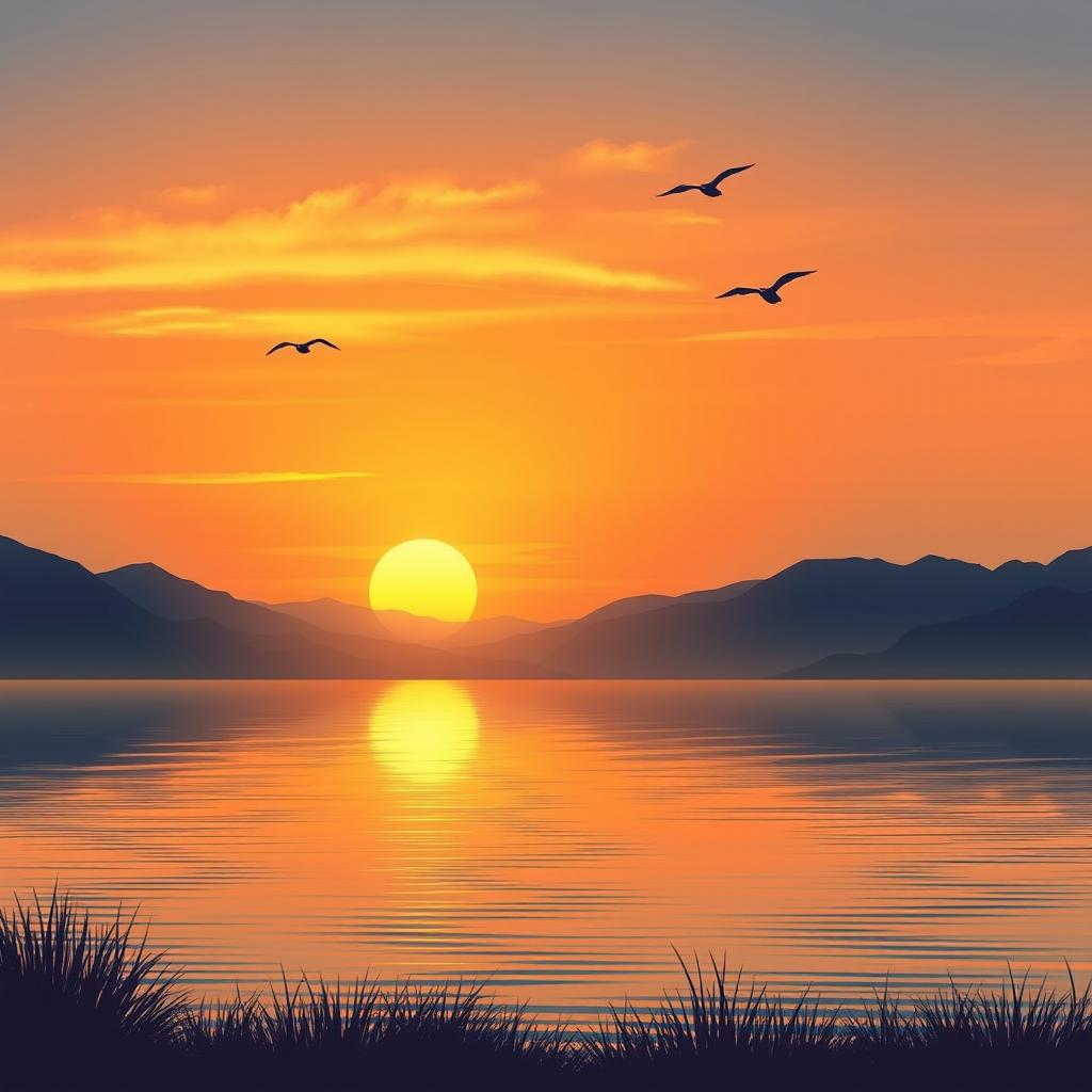 A serene landscape featuring a beautiful sunset over a calm lake, with mountains in the background and a few birds flying in the sky