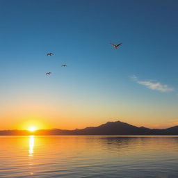 A serene landscape featuring a beautiful sunset over a calm lake, with mountains in the background and a few birds flying in the sky