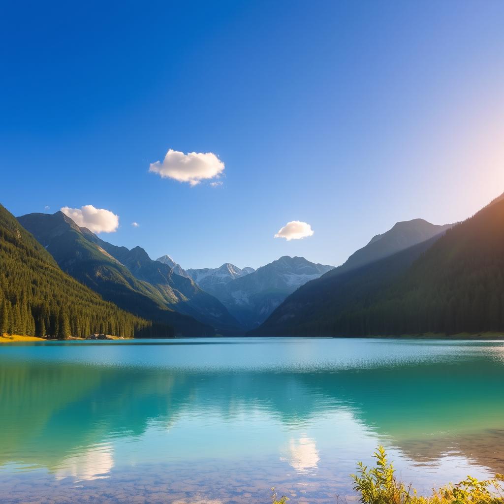 A beautiful landscape featuring a serene lake surrounded by lush green forests and majestic mountains in the background