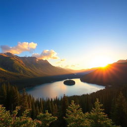 A beautiful landscape featuring a serene lake surrounded by lush green forests and majestic mountains in the background