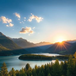 A beautiful landscape featuring a serene lake surrounded by lush green forests and majestic mountains in the background