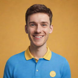 3D render of a cheerful young man in a blue polo shirt, in Pixar-like cartoon style, standing against a bright yellow background. The man is smiling confidently at the camera.