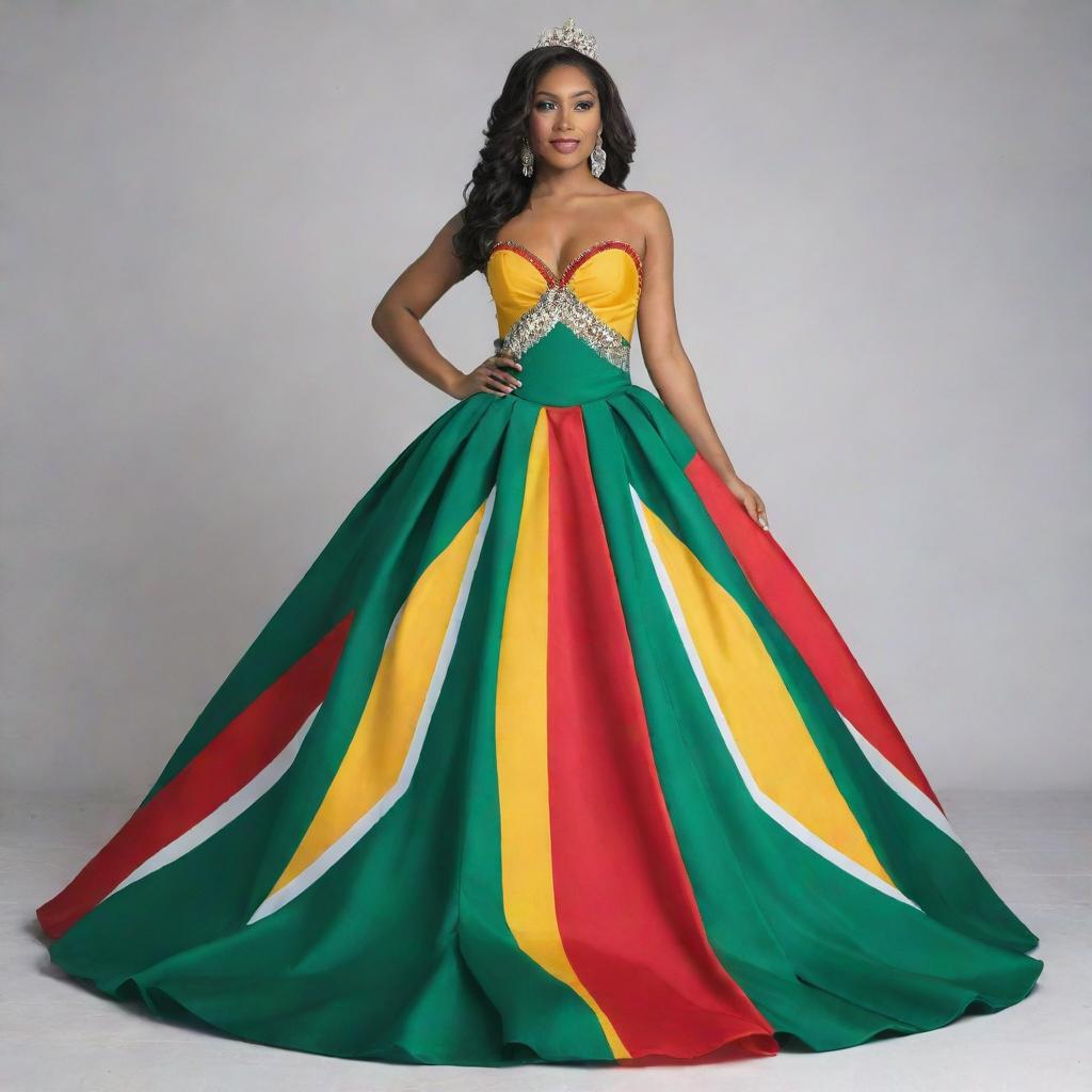 A stunning pageant dress incorporating the colors of the Guyana flag, stylishly blended with shades of green, white, gold, black, and red.