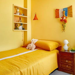 A light yellow room featuring a cosy bed, a study table, a bookshelf, a cupboard, a small sofa, and a beautifully detailed Ganesha fountain.