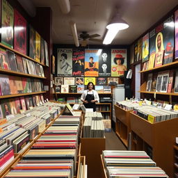 A cozy vinyl and music store filled with rows of colorful vinyl records, vintage posters on the walls, and a warm, inviting atmosphere