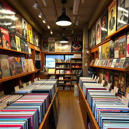 A cozy vinyl and music store filled with rows of colorful vinyl records, vintage posters on the walls, and a warm, inviting atmosphere