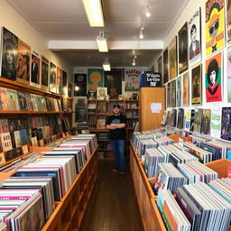 A cozy vinyl and music store filled with rows of colorful vinyl records, vintage posters on the walls, and a warm, inviting atmosphere