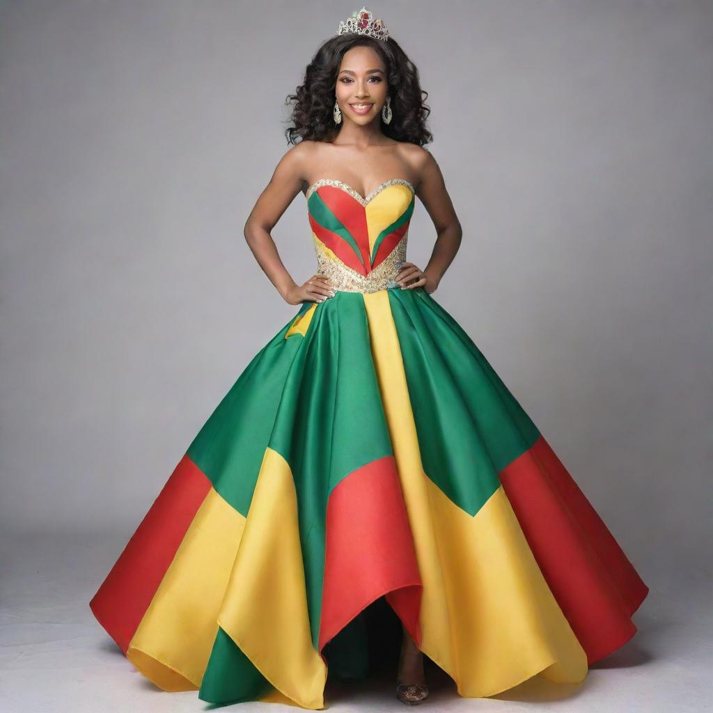 A stunning pageant dress incorporating the colors of the Guyana flag, stylishly blended with shades of green, white, gold, black, and red.