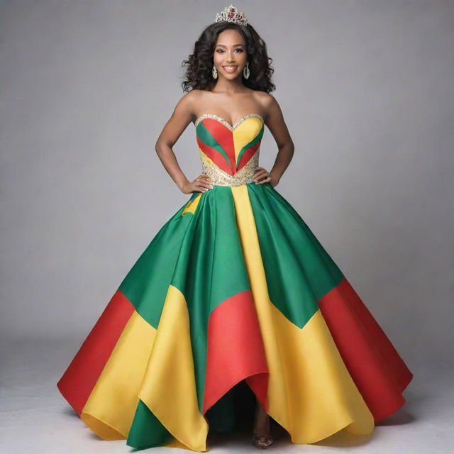 A stunning pageant dress incorporating the colors of the Guyana flag, stylishly blended with shades of green, white, gold, black, and red.