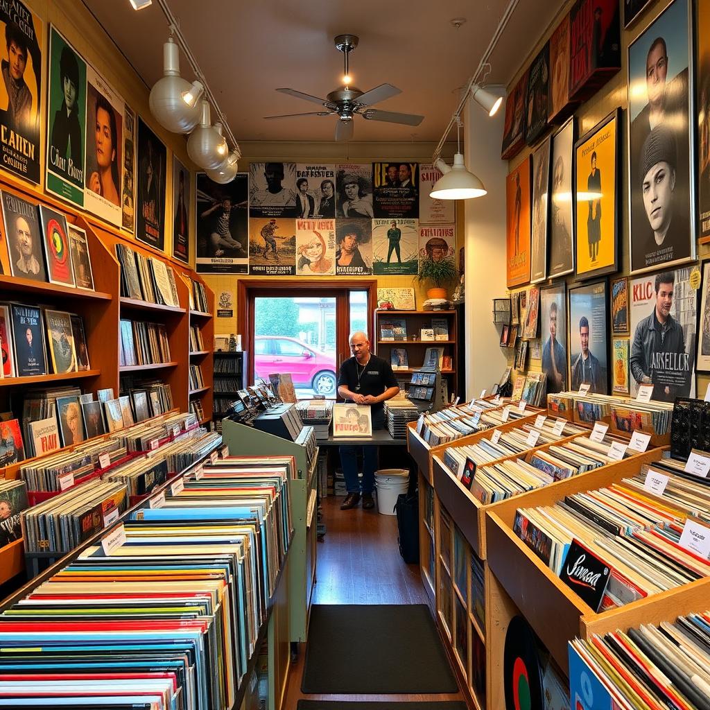 A cozy vinyl and music store filled with rows of colorful vinyl records, vintage posters on the walls, and a warm, inviting atmosphere