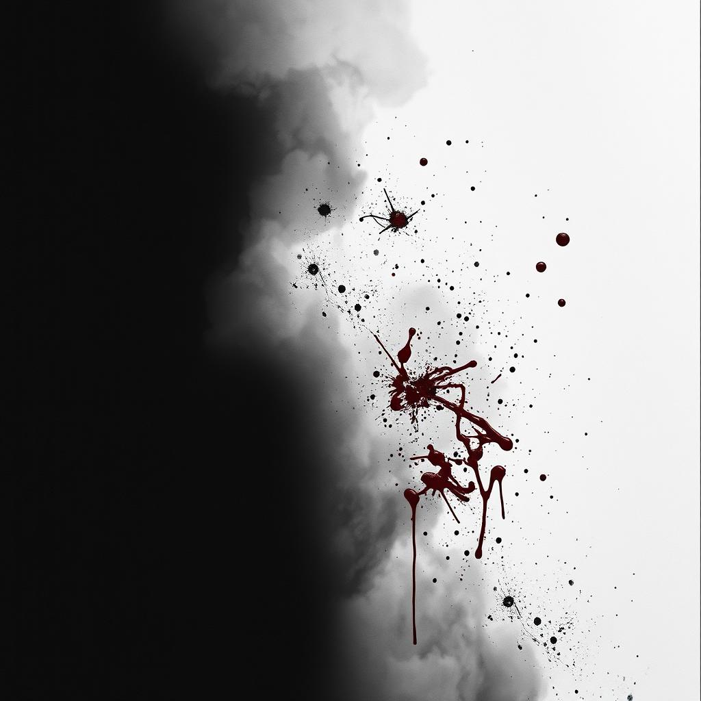 A black and white image with blood effects