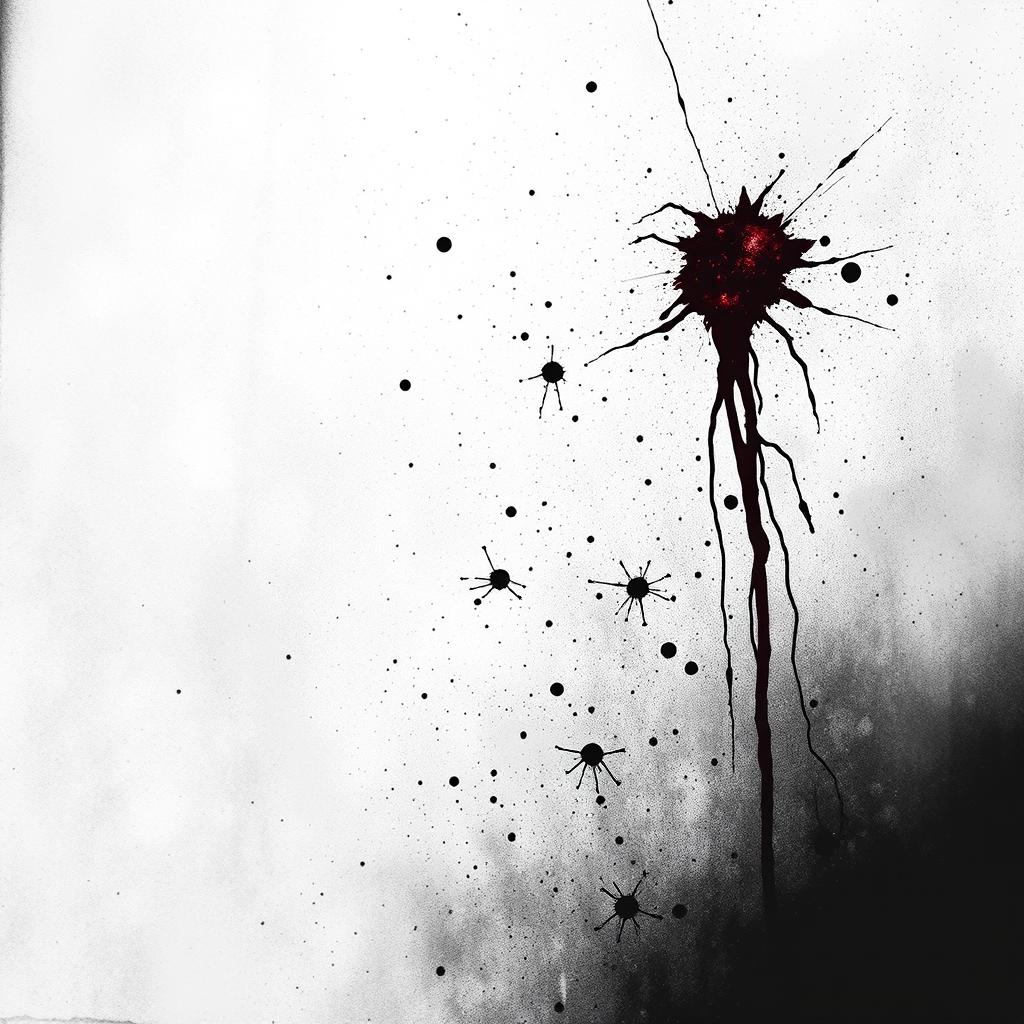 A black and white image with blood effects