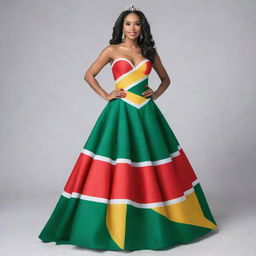 A stunning pageant dress incorporating the colors of the Guyana flag, stylishly blended with shades of green, white, gold, black, and red.