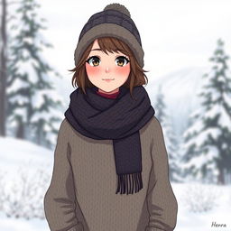 A character named Henra dressed in warm, cozy clothing suitable for cold weather