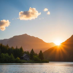 A beautiful landscape featuring a serene lake surrounded by lush green trees and mountains in the background