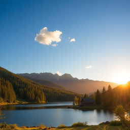 A beautiful landscape featuring a serene lake surrounded by lush green trees and mountains in the background